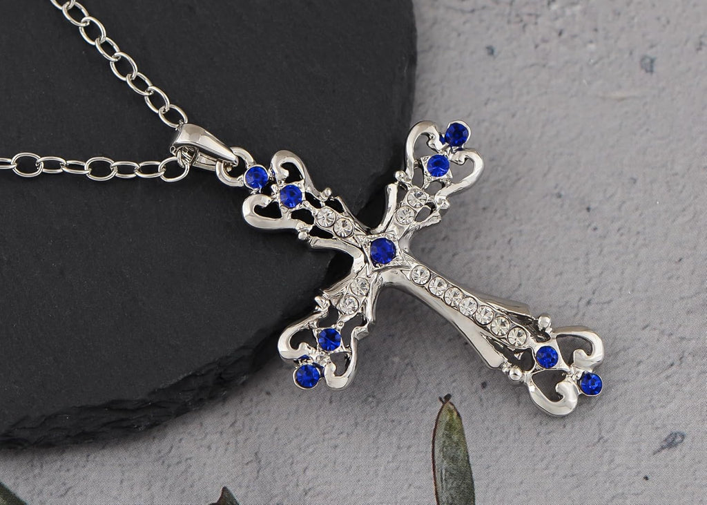 Womens Black Silver Clear Crystal Rhinestones Celtic Holy Cross Pendant Necklace