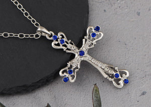 Womens Black Silver Clear Crystal Rhinestones Celtic Holy Cross Pendant Necklace