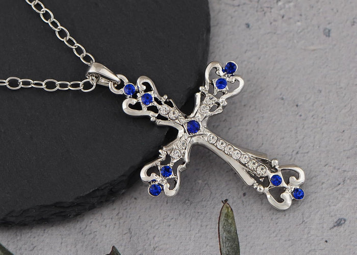 Womens Black Silver Clear Crystal Rhinestones Celtic Holy Cross Pendant Necklace