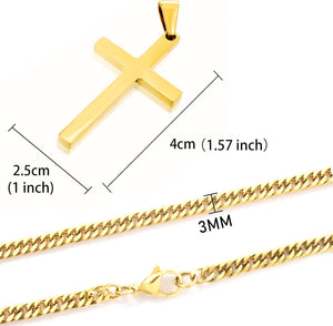 Gold Stainless Steel Plain Cross Pendant Necklace for Men Cuban Chain 18-26 Inch