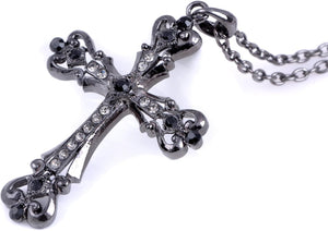 Womens Black Silver Clear Crystal Rhinestones Celtic Holy Cross Pendant Necklace, Black