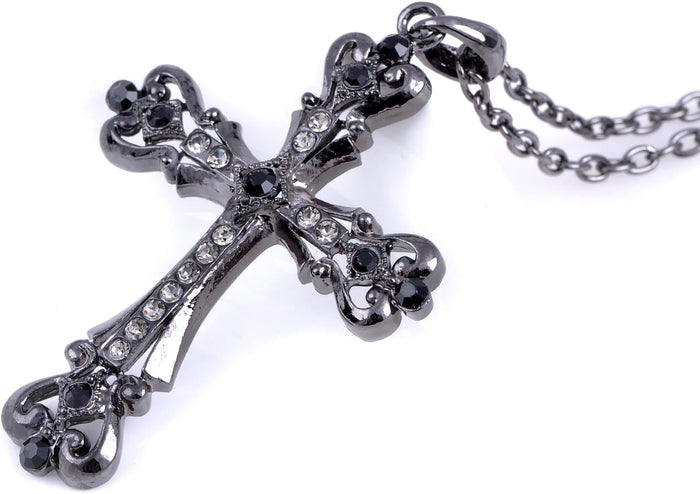 Womens Black Silver Clear Crystal Rhinestones Celtic Holy Cross Pendant Necklace, Black