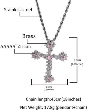 White Gold Plated Cubic Zirconia Stone Cross Necklace With Rope Chain