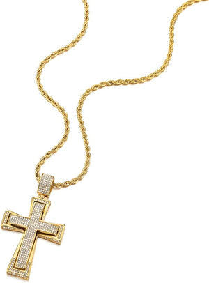 Mens Womens Large Steel Cross Pendant Necklace with Cubic Zirconia and Wheat Chain, Gold