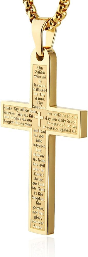 Stainless Steel Mens Womens Cross Necklace Lord's Prayer Pendant, Gold