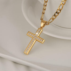 24K Gold-Plated Solid CZ Cross Necklace for Men Women Stainless Steel Religion Jewelry with 24 Inch Figaro Chain