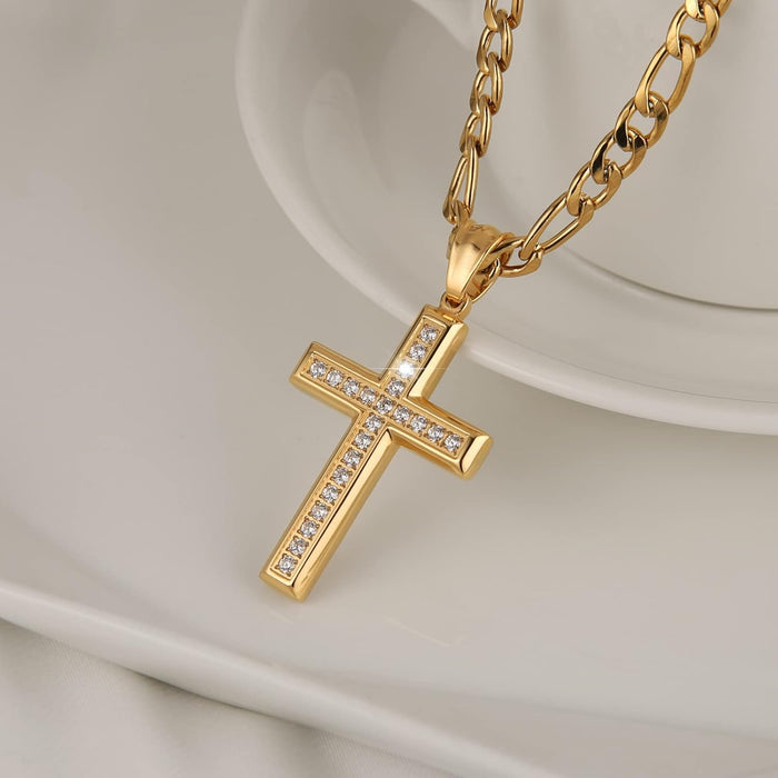 24K Gold-Plated Solid CZ Cross Necklace for Men Women Stainless Steel Religion Jewelry with 24 Inch Figaro Chain