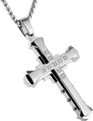 Men's Large Byzantium Stainless Steel Cubic Zirconia Cross Necklace Pendant 22 + 2 Inch Chain, SIlver