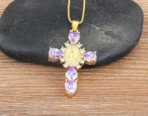 Zircon Cross Necklace For Women Choker Charm Virgin Mary Pendant Box Chain Female Jewelry, Purple