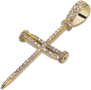 14K Gold Plated Large Nail Cross Chain Iced out CZ Pendant Hip Hop Jewelry for Women with Stainless Rope Chain