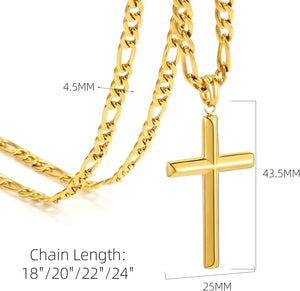 Stainless Steel Figaro Necklace,18K Gold Plated Cross Pendant Chain,18-24 IN with Flannel Bag