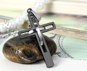 Men's Vintage Stainless Steel 2 Tone Hollowed Dual Cross Pendant Necklace, 22 inch Chain, Black