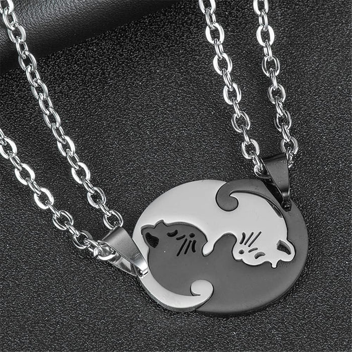 Stainless Steel Cat Kitty Necklace for Women Men Matching Cat Love Heart Yin Yang Necklace for Couples Friendship Jewelry Gift