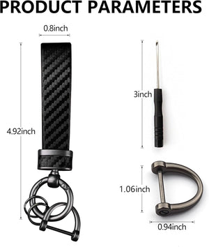 Leather Car Keychain - Carbon Fiber Interior Key Fob with Anti-Lost D-Ring - Car Accessory Key Ring (Black)