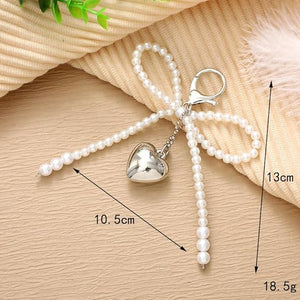 Silver Heart Pearl Bow Keychain Y2k Bowknot Keyring Sweet Bag Car Keys Charms Accessories for Women Girls