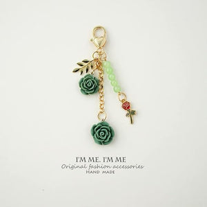 Flower Charm Keychain with Chain Tassel Colorful Rose Pendant Keyring for Women, Green