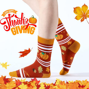 4 Pair Fall Sock Autumn Novelty Sock Thanksgiving Holiday Sock Leaves Pumpkin Turkey Print Sock for Women Girl Gift