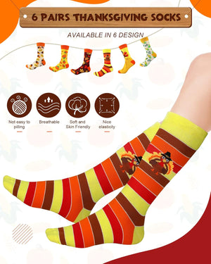 6 Pairs Thanksgiving Socks Autumn Fall Socks Turkey Socks Maple Leaf Pumpkin Socks