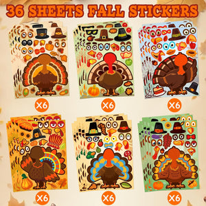 36 Sheets Thanksgiving Stickers Crafts for Kids, Thanksgiving Turkey Crafts Stickers, Turkey