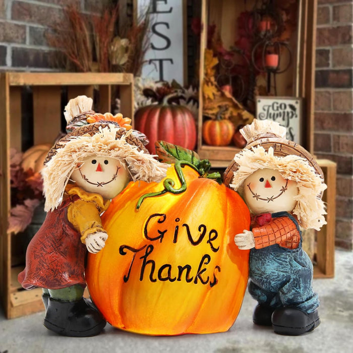 Fall Thanksgiving Resin Scarecrow Pumpkin Figurines - Adorable Scarecrow Embrace Pumpkin Decorations