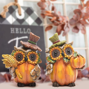 Owl Sculpture - Resin Thanksgiving Decor, Handmade Fall Centerpiece in Country Style, 2 Pieces