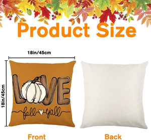 Fall Pumpkin Throw Pillow Covers 18x18 Set of 4, Maple Leaves Love Autumn Thanksgiving Harvest Decorative