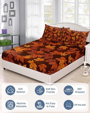 Autumn Maple Leaves Fitted Sheet Set for Queen Size Bed 3 Pieces Bedding Sheets-Deep Pocket Bedsheet Fits Mattress Upto 16"