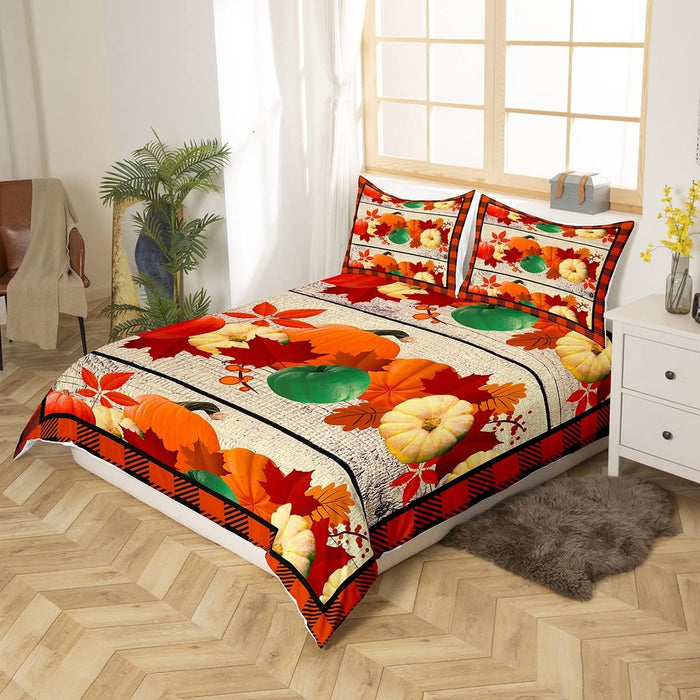 Pumpkin Bedding Duvet Cover Set Geometric Plaid Bedding Set Boys Girls Fall Pumpkin Festival Decor Comforter Cover Set