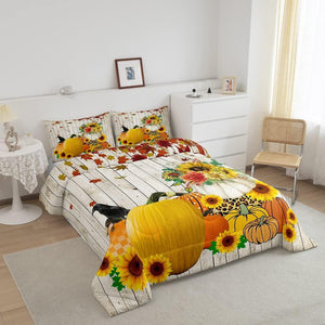 Pumpkin Comforter Set Thanksgiving Autumn Sunflowers Comforter for Boys Girls Leopard Stripes Bedding Set