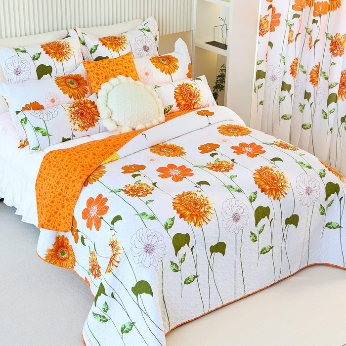 Cotton Quilt Queen Size Orange Sunflower Bedding Set Floral Lightweight Quilt Reversible Coverlet