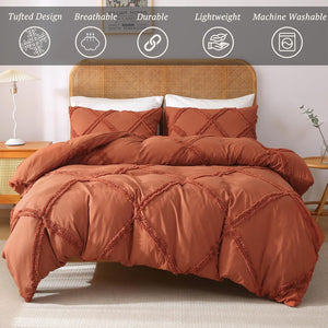 Boho Duvet Cover Pumpkin - Tufted Comforter Cover Set Geometric Textured Queen Size