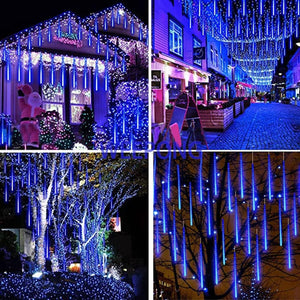 Meteor Shower Lights Outdoor Christmas Lights UL Certified Falling Rain Drop Lights Snowfall Icicle Cascading String Lights, Blue, 12Inch 8Tubes