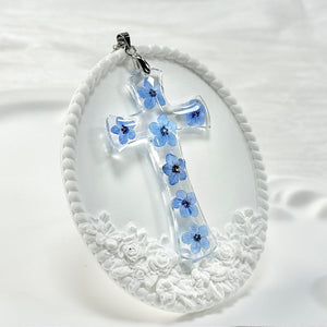 Cross Necklace for Women Girls,Forget-Me-Not Pressed Real Flower Necklace, Silver 18"