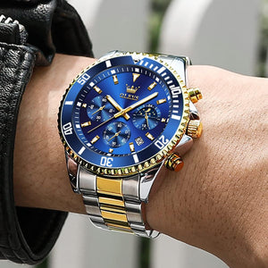 Watches for Men Stainless Steel Analog Quartz Chronograph Moon Phase Watch Waterproof Date Luminous, Blue