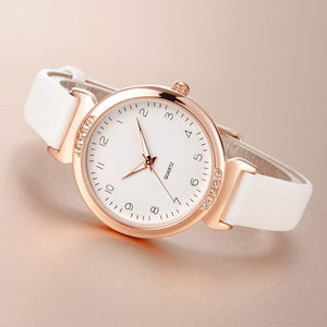 Ladies Sports Watch Casual Watch Crystal Accented Leather Strap Watch Analog Display, White