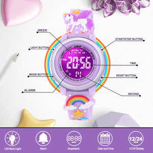 3D Cartoon Waterproof Watches for Girls with Alarm - Best Toys Gifts for Girls Age 3-12, Purple