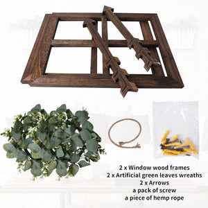 Rustic Wood Window Frame with Green Wreath and Arrows Wall Decor, Brown