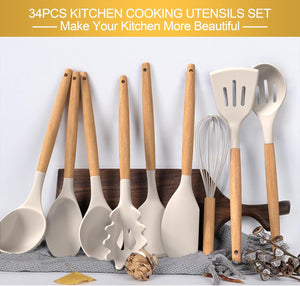 43Pcs Non-Stick Heat Resistant Kitchen Utensils Spatula Set with Wooden Handle for Baking, Khaki