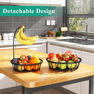 2-Tier Fruit Basket Bowl Stackable Vegetable Storage with Banana Tree Hanger Stand