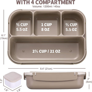 Bento Box Adult Lunch Box, Containers for Adults Men Women with 4 Compartments, Lunchable Food Container with Utensils, Brown