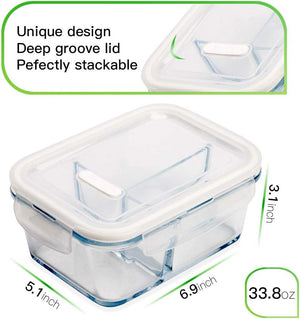 3 Pack 36oz Bento Box Glass Meal Prep Containers 3 Compartments Glass Food Storage Containers with Lids