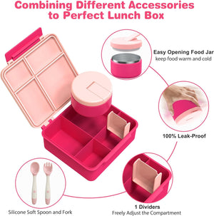 Bento Lunch Box with 8oz Soup Thermo, Kids Leakproof Lunch Food Containers with 4 Compartment, Pink