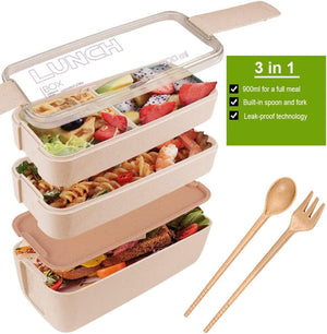 Stackable Bento Box, 3-In-1 Compartment - Wheat Straw, Leakproof Bento Lunch Box Meal Prep Containers, Khaki