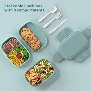 3 Stackable Bento Lunch Containers for Adults, Modern Minimalist Design Bento Box with Utensil Set, Green