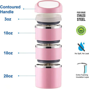 Stackable Stainless Steel Thermal Lunch/Snack Box, 3-Tier Insulated Bento Box with Portable Cutlery Set, 43OZ, Pink