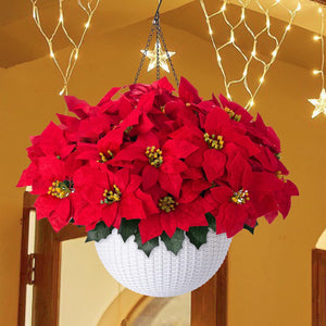 Artificial Fake Poinsettia Flowers Plants Hanging Basket for Christmas New Years Decoration, Faux Red Flower Realistic