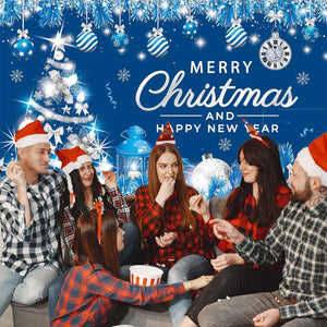 Blue Merry Christmas Banner – Large Christmas Banner Winter Holiday Party Sign with Silver Christmas Tree Snowflake Elements