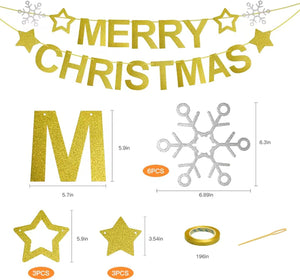 Merry Christmas Banner Indoor, of Indoor Fireplaces, Room Walls and Patio Decorations, Sparkling Gold Color,Christmas Decoration Clearance