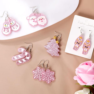 6 Pairs Pink Christmas Acrylic Dangle Earrings Christmas Tree Snowflake Santa Nutcracker Snowman Candy Canes