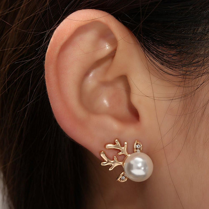 Christmas Earrings for Women Stud Earrings Cute Faux Pearl Antler Earrings (Gold)